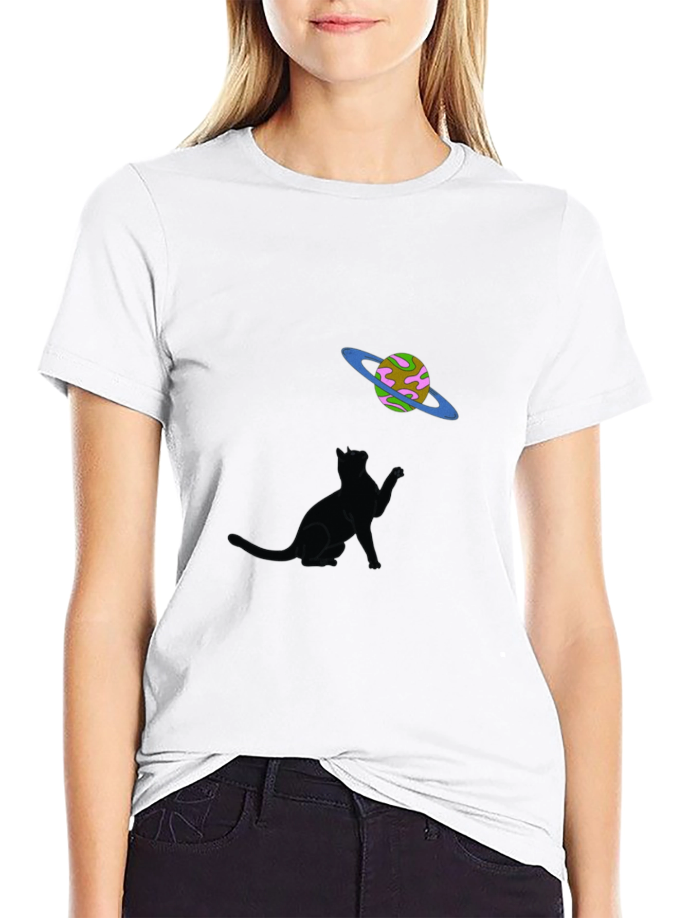 Cat & Planet Graphic Tee - Black Unisex