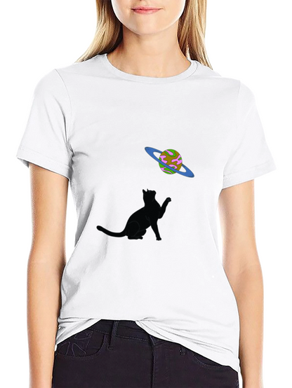 Cat & Planet Graphic Tee - Black Unisex