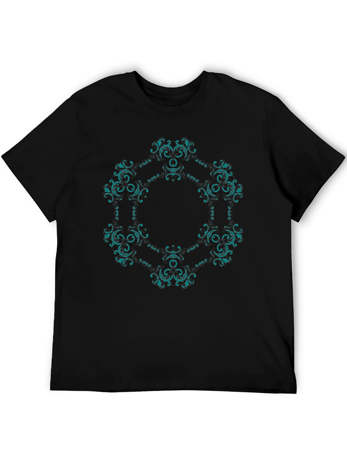 Ornate Teal Mandala Graphic Black T-Shirt