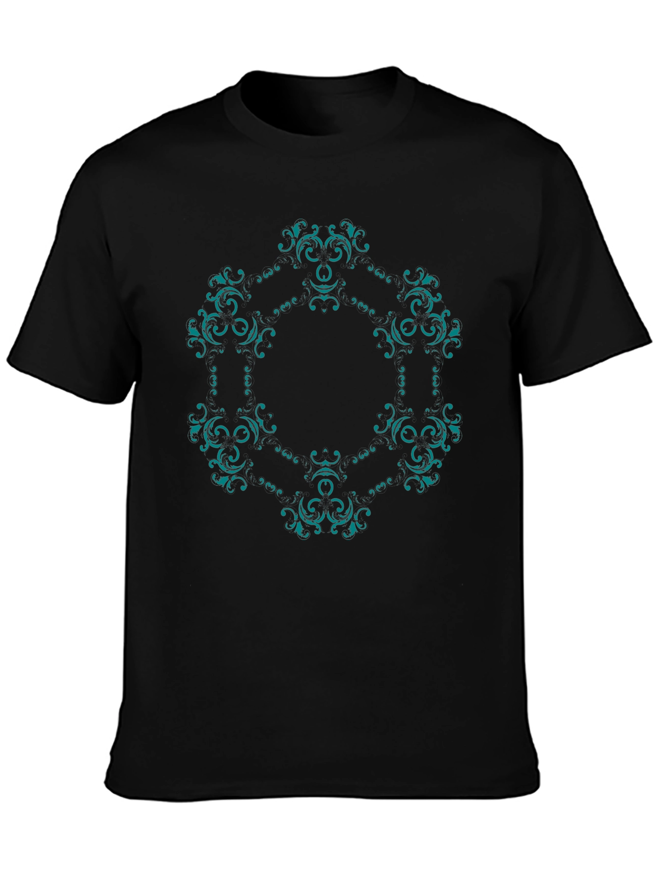 Ornate Teal Mandala Graphic Black T-Shirt