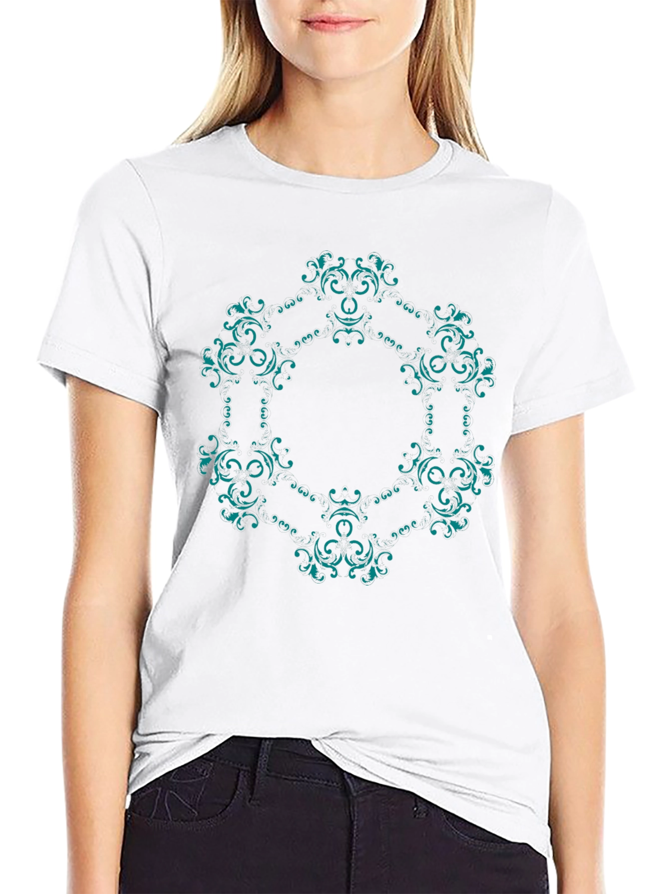 Ornate Teal Mandala Graphic Black T-Shirt