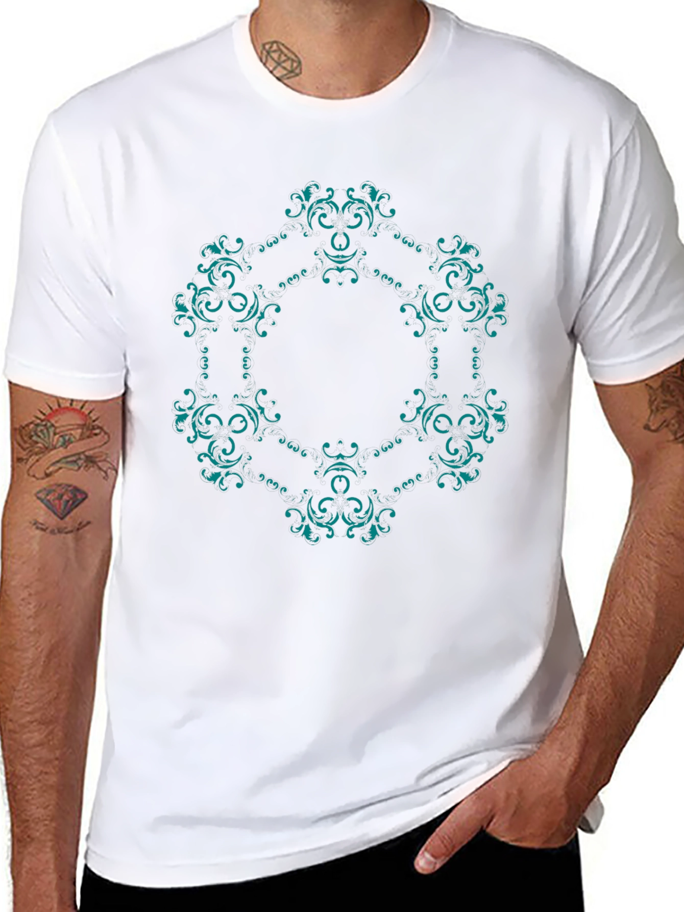 Ornate Teal Mandala Graphic Black T-Shirt