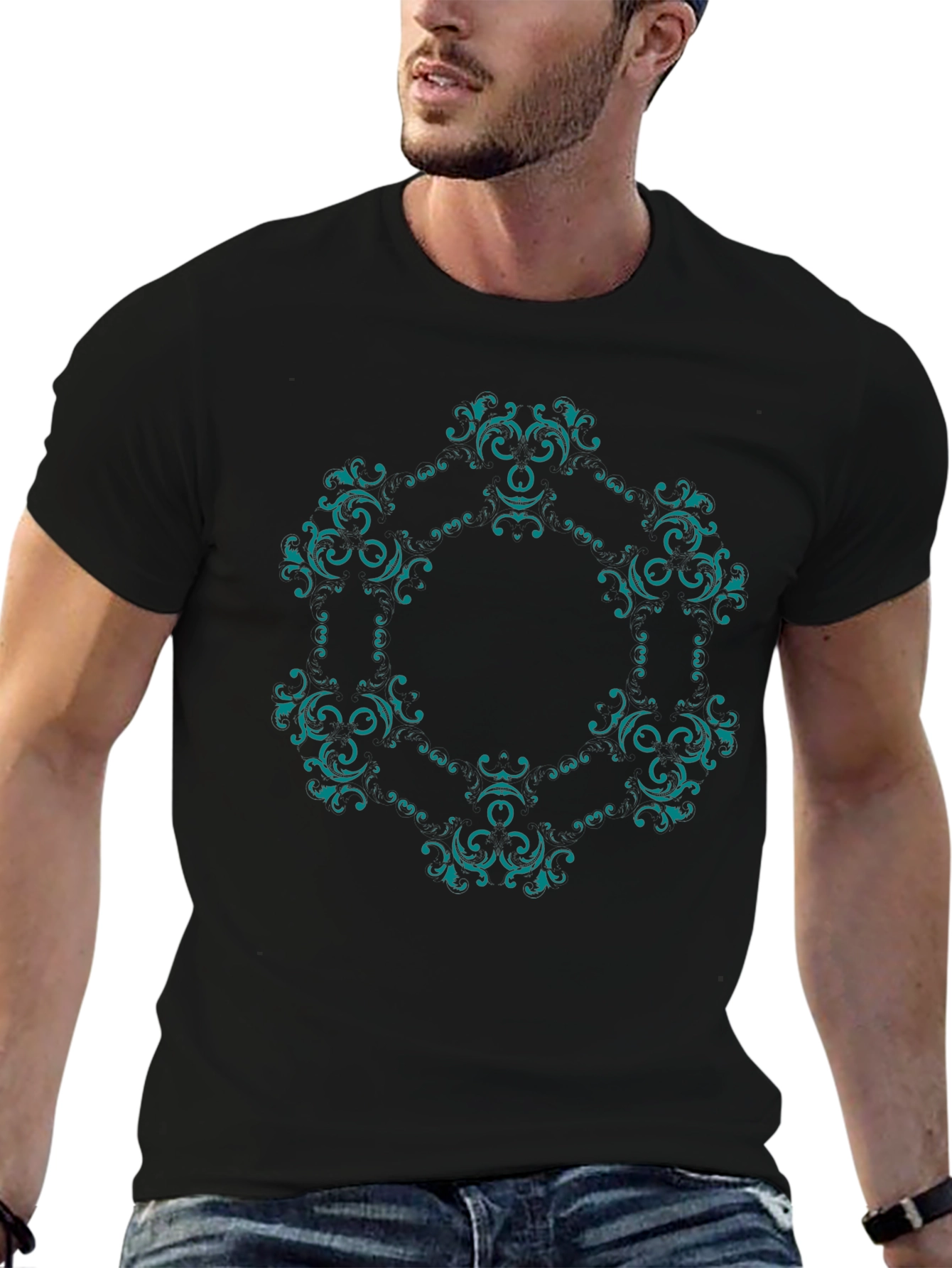 Ornate Teal Mandala Graphic Black T-Shirt