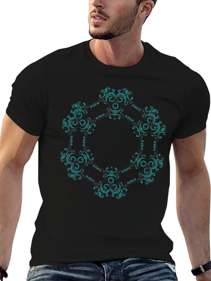 Ornate Teal Mandala Graphic Black T-Shirt