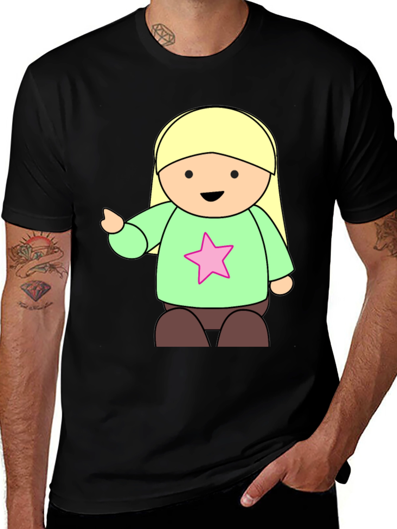 Cute Cartoon Girl Star T-Shirt - Black