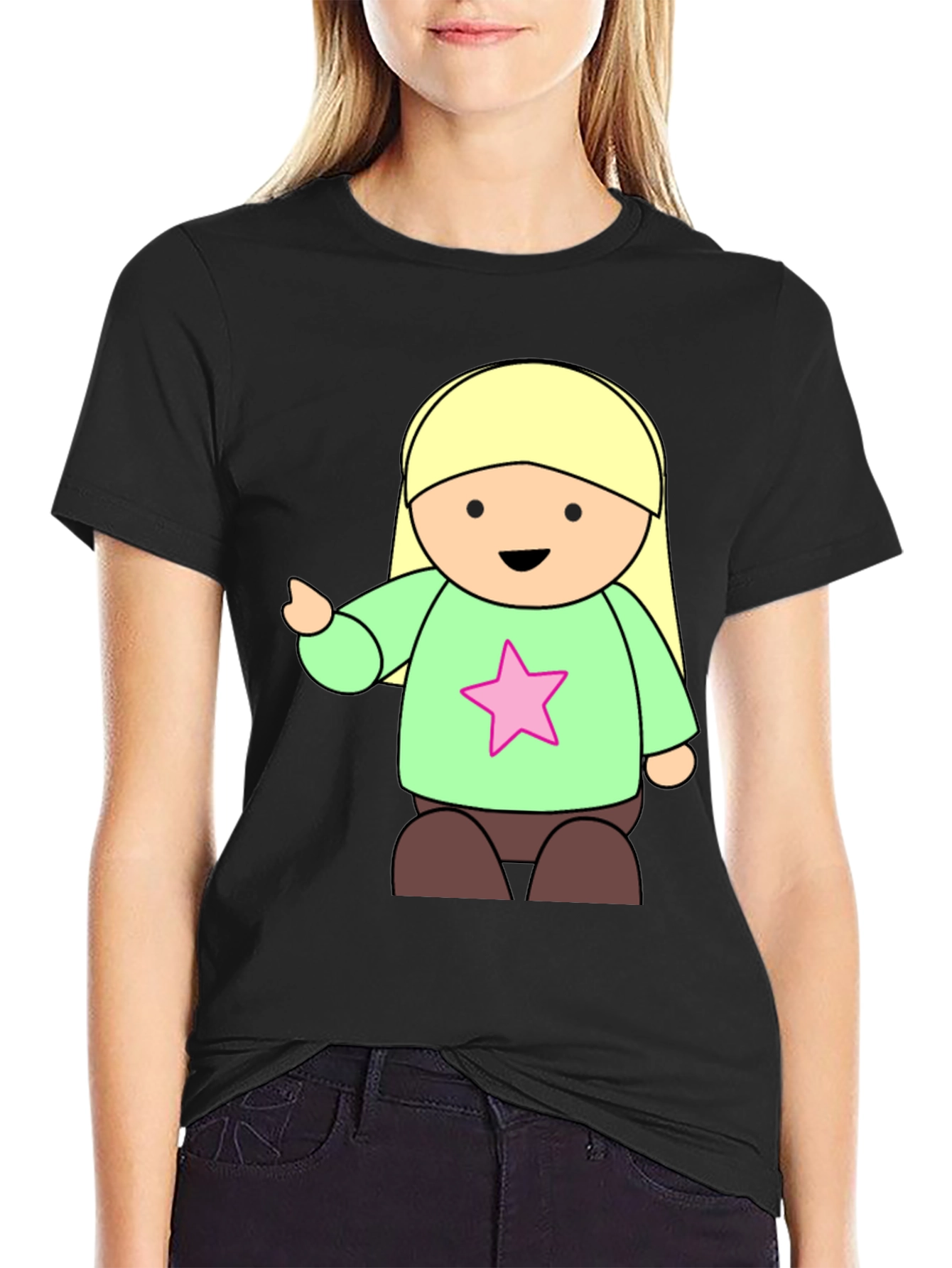 Cute Cartoon Girl Star T-Shirt - Black