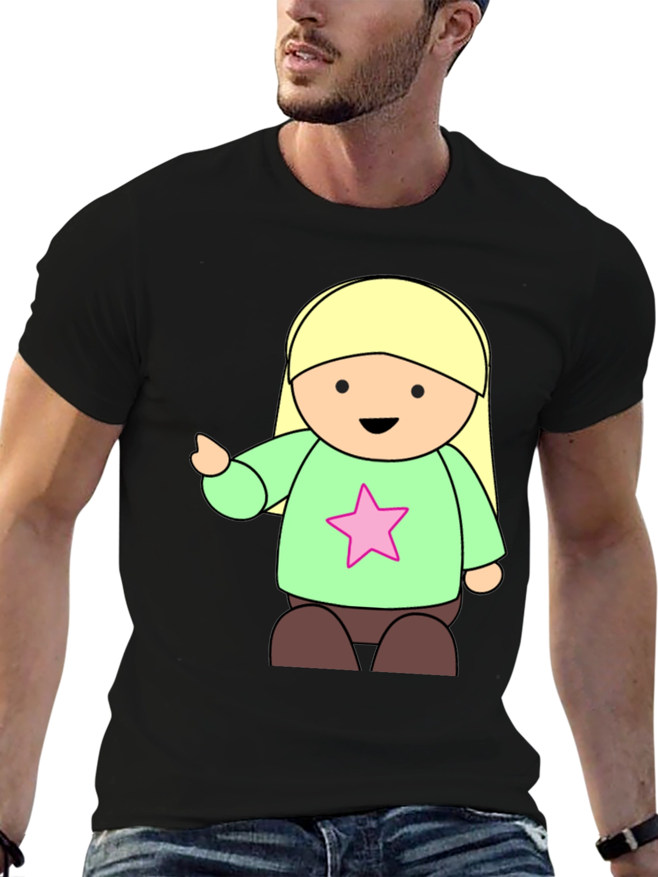 Cute Cartoon Girl Star T-Shirt - Black