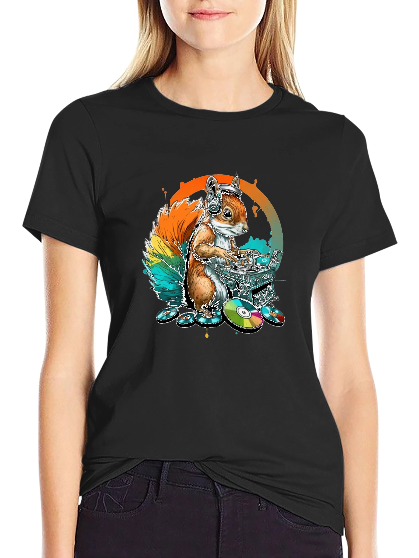 DJ Squirrel Graphic Tee - Black Cotton T-Shirt