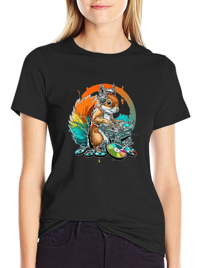 DJ Squirrel Graphic Tee - Black Cotton T-Shirt