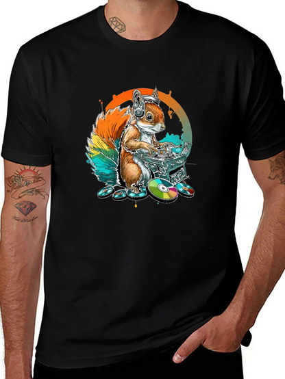 DJ Squirrel Graphic Tee - Black Cotton T-Shirt