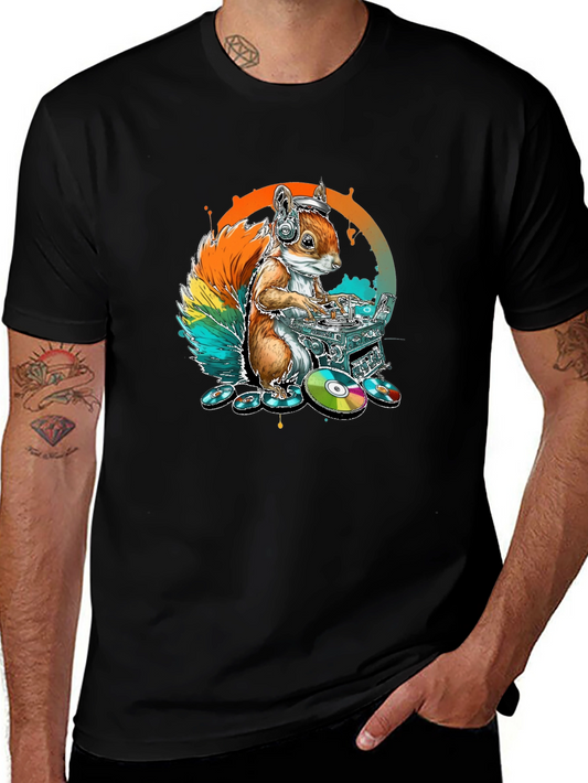 DJ Squirrel Graphic Tee - Black Cotton T-Shirt