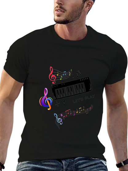 Musical Note Piano Graphic Print Black T-Shirt