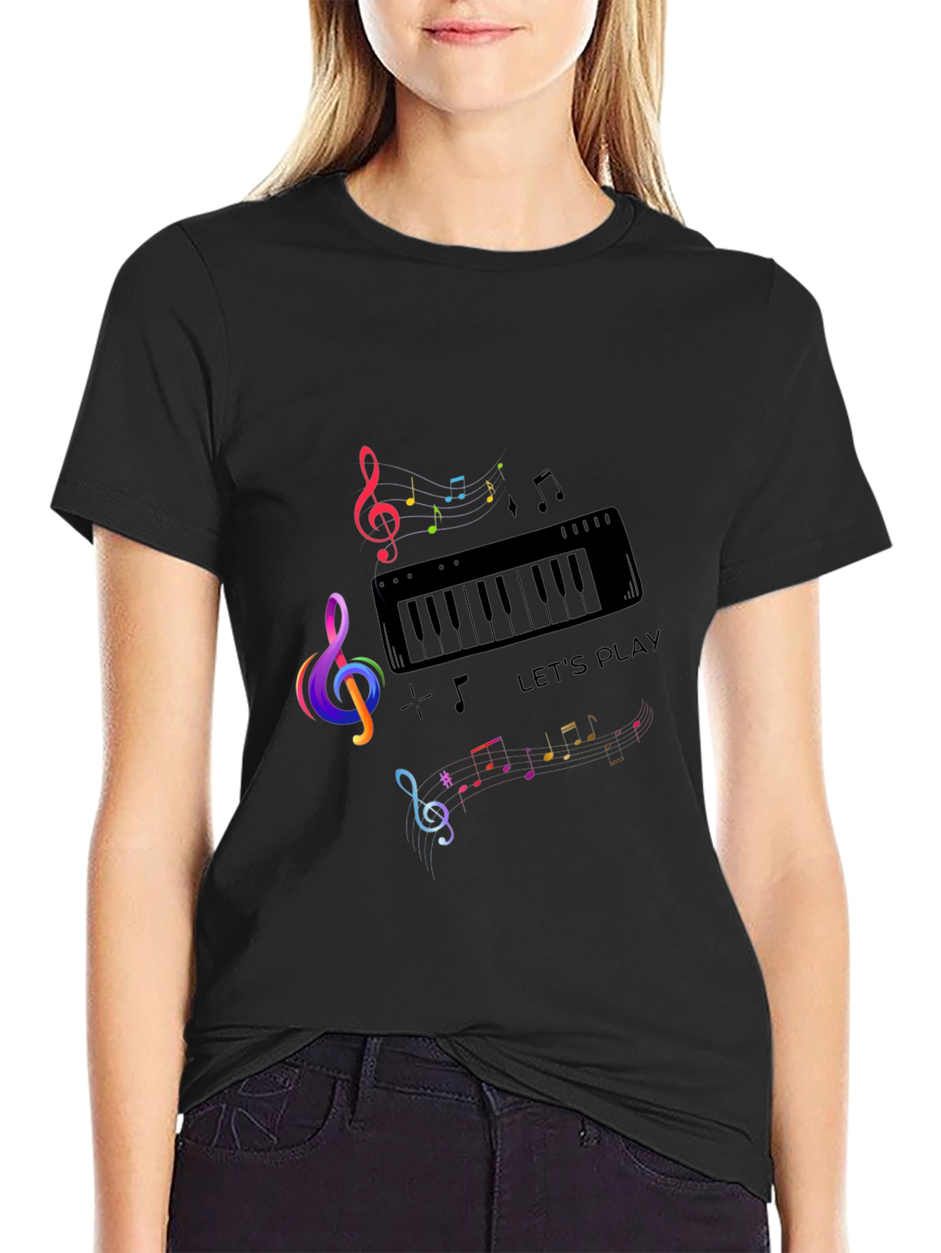 Musical Note Piano Graphic Print Black T-Shirt