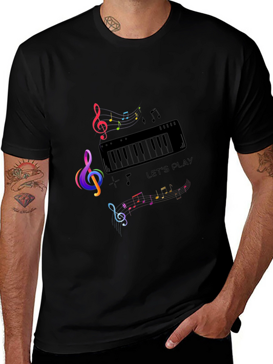Musical Note Piano Graphic Print Black T-Shirt