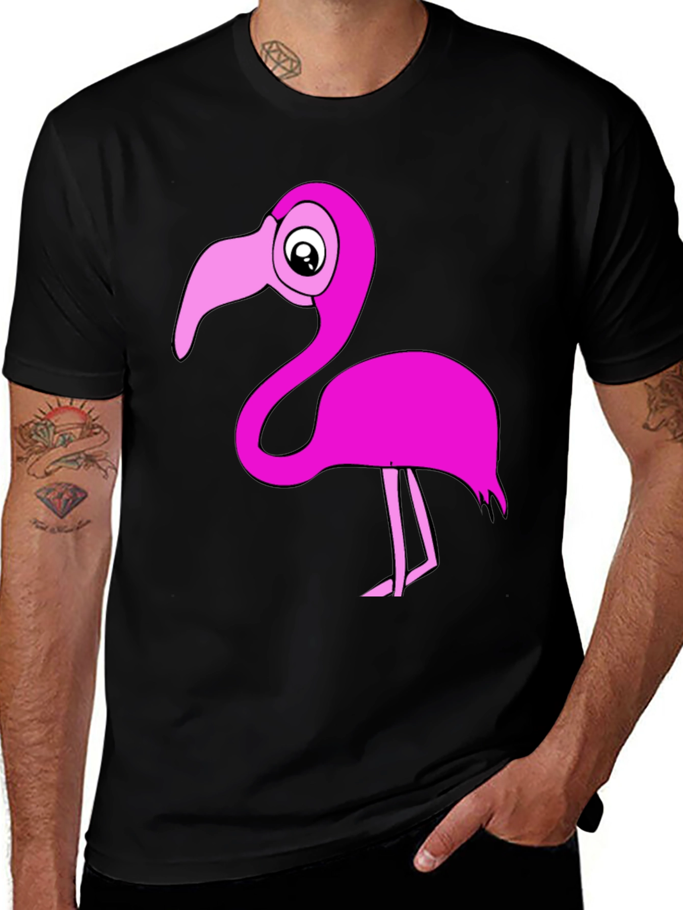Black Flamingo T-Shirt: Fun Cartoon Pink Bird