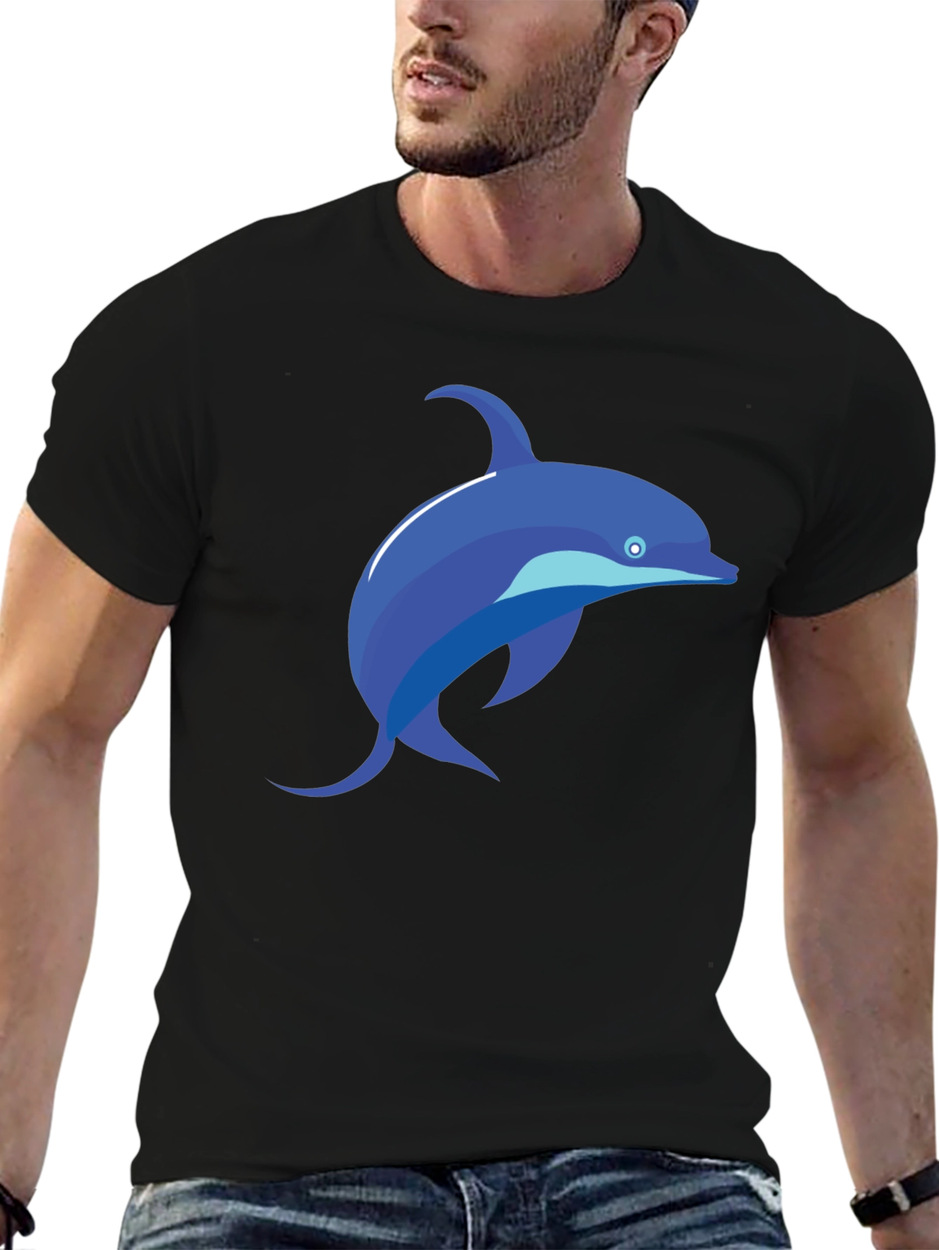 Black T-Shirt with Blue Dolphin Graphic Tee