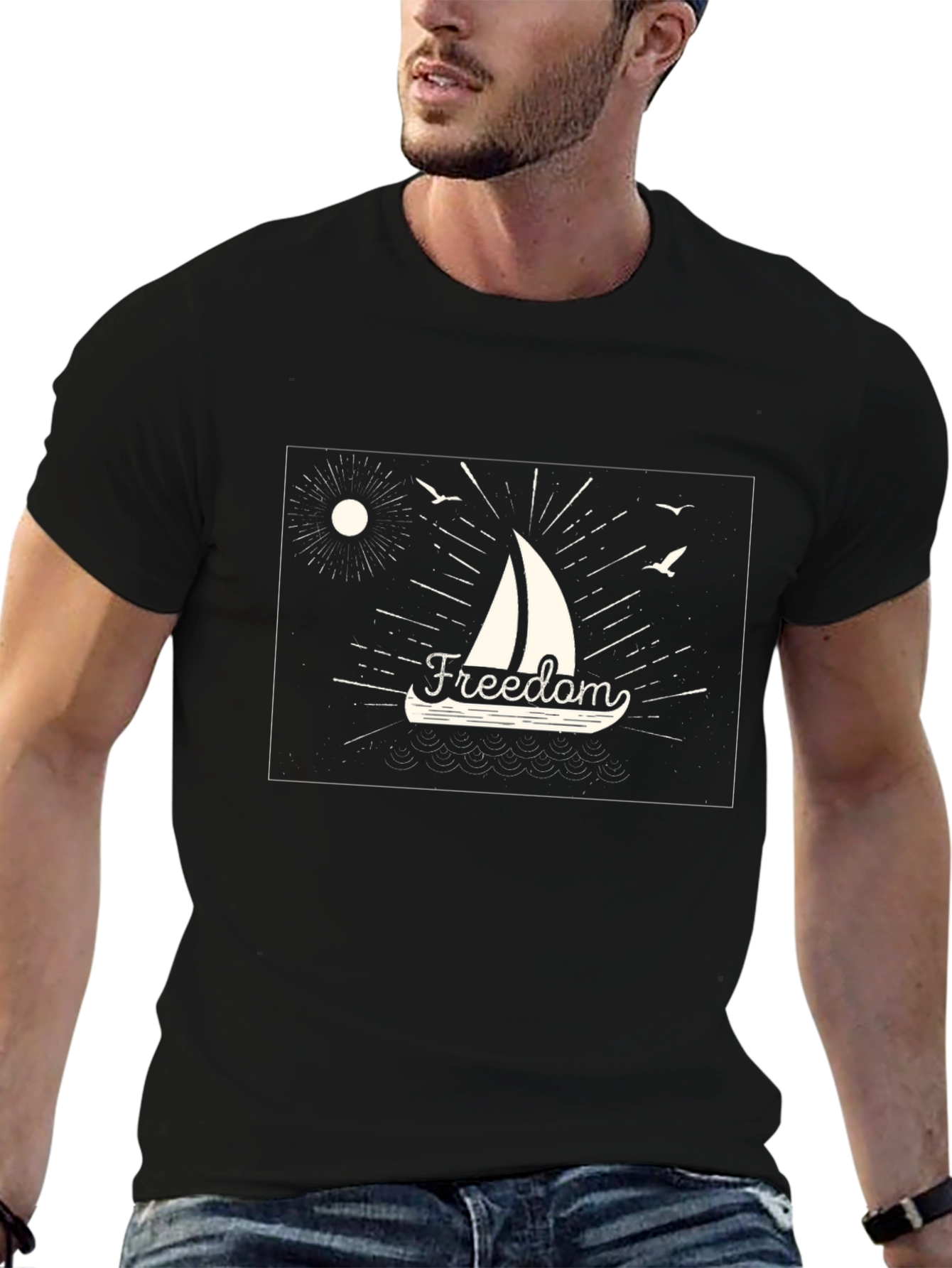 Freedom Sailboat Graphic Tee - Black Cotton T-Shirt