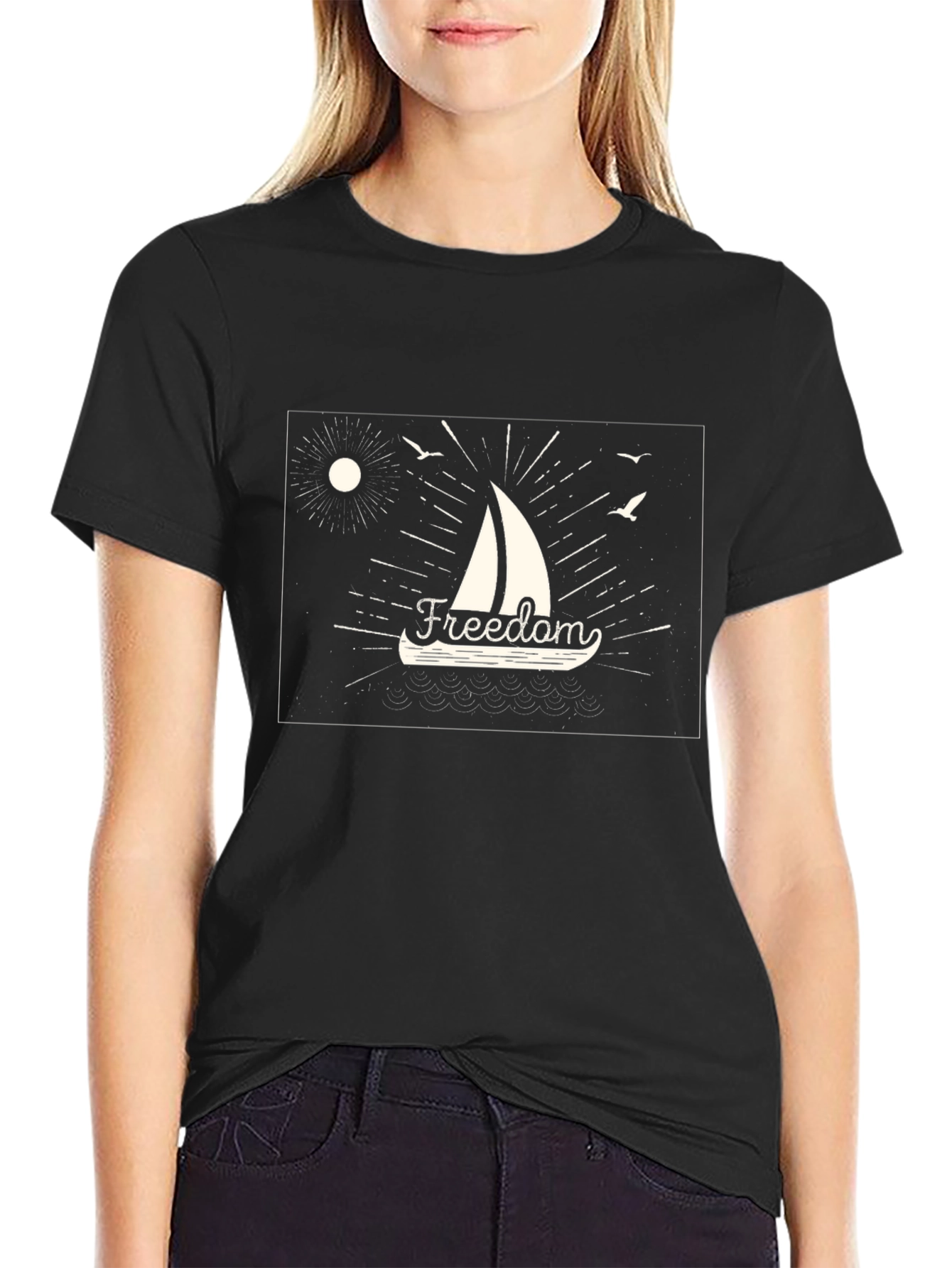Freedom Sailboat Graphic Tee - Black Cotton T-Shirt