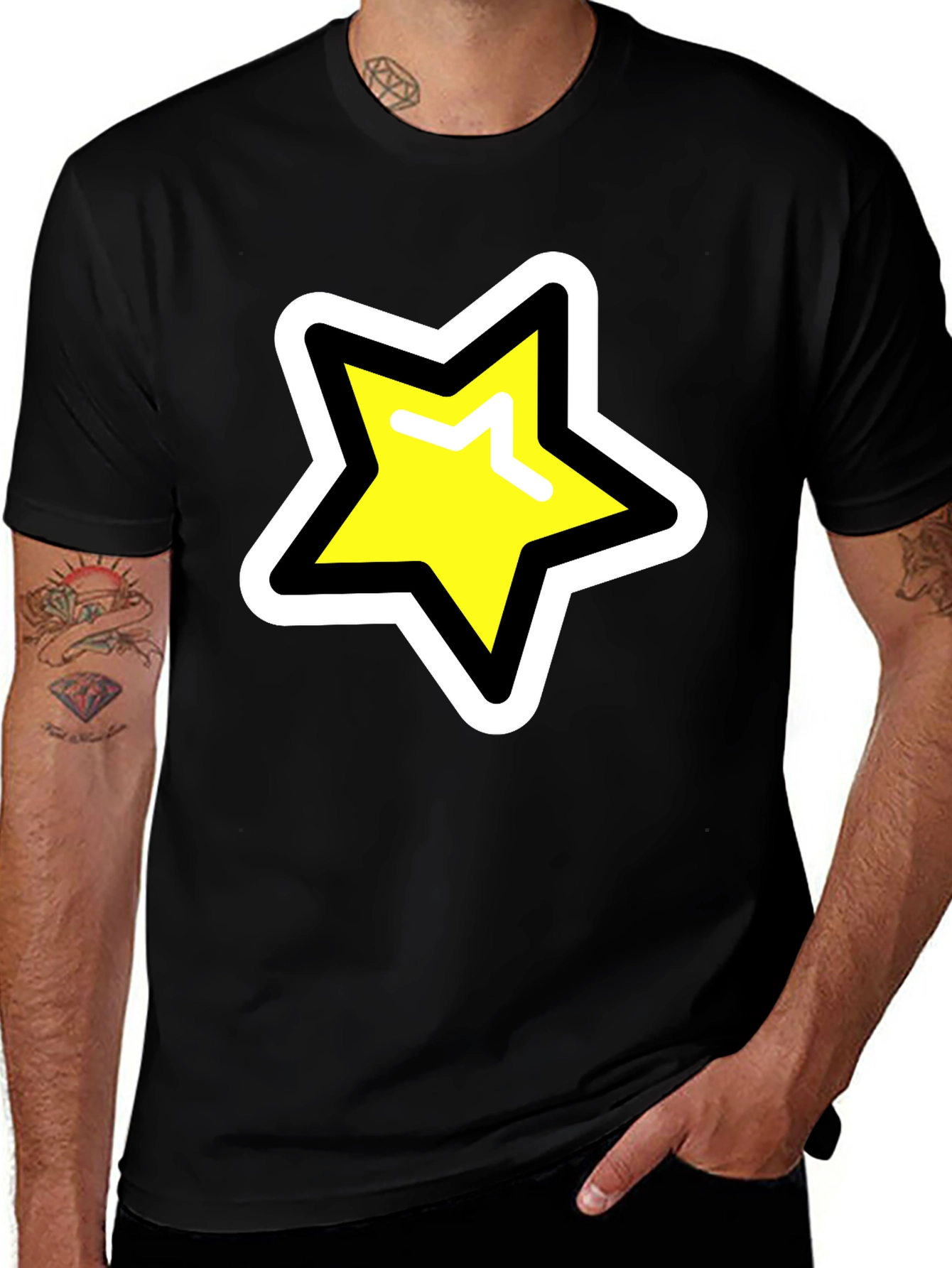 Star Graphic T-Shirt - Black Cotton Blend Casual Tee