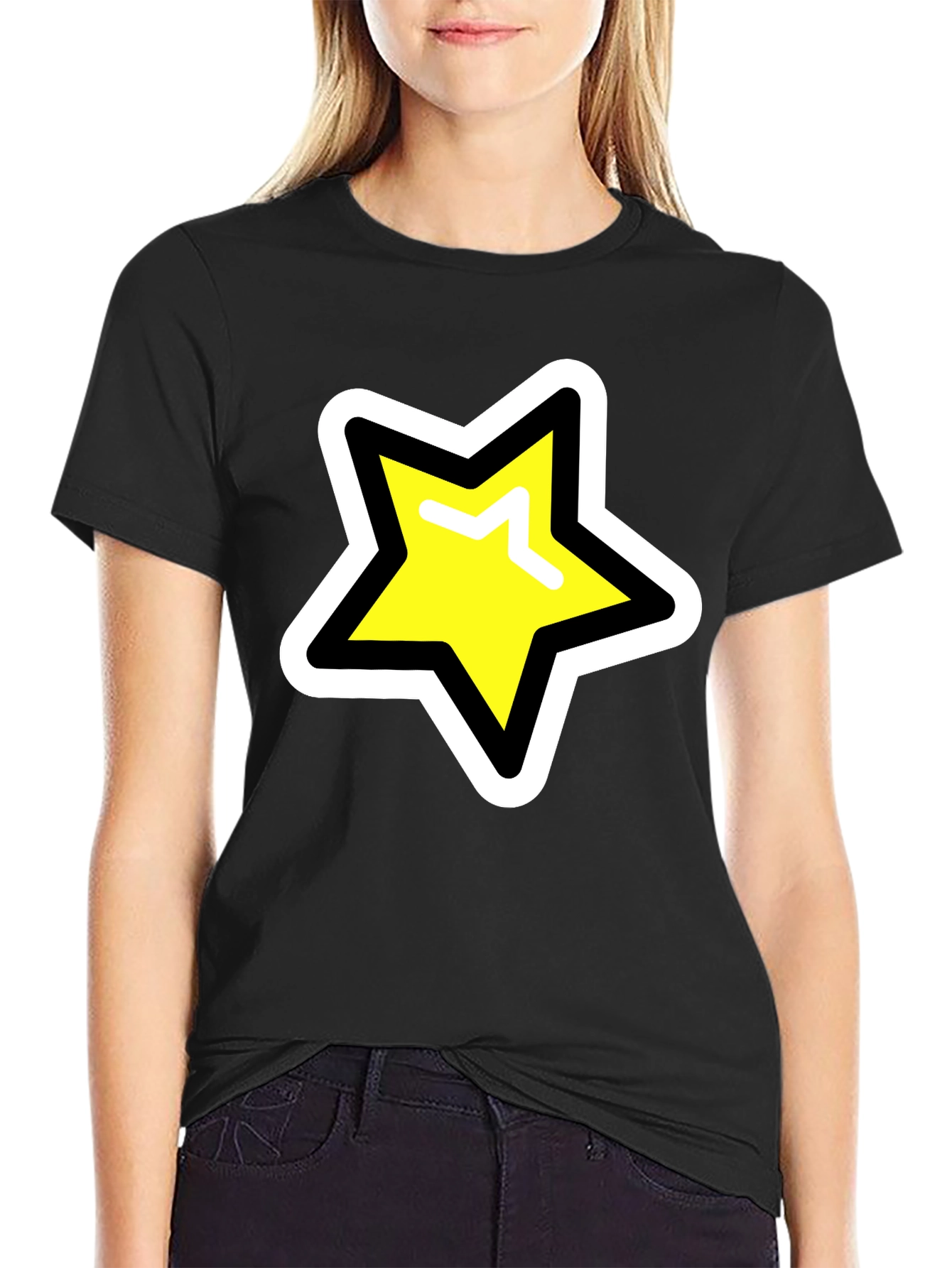 Star Graphic T-Shirt - Black Cotton Blend Casual Tee