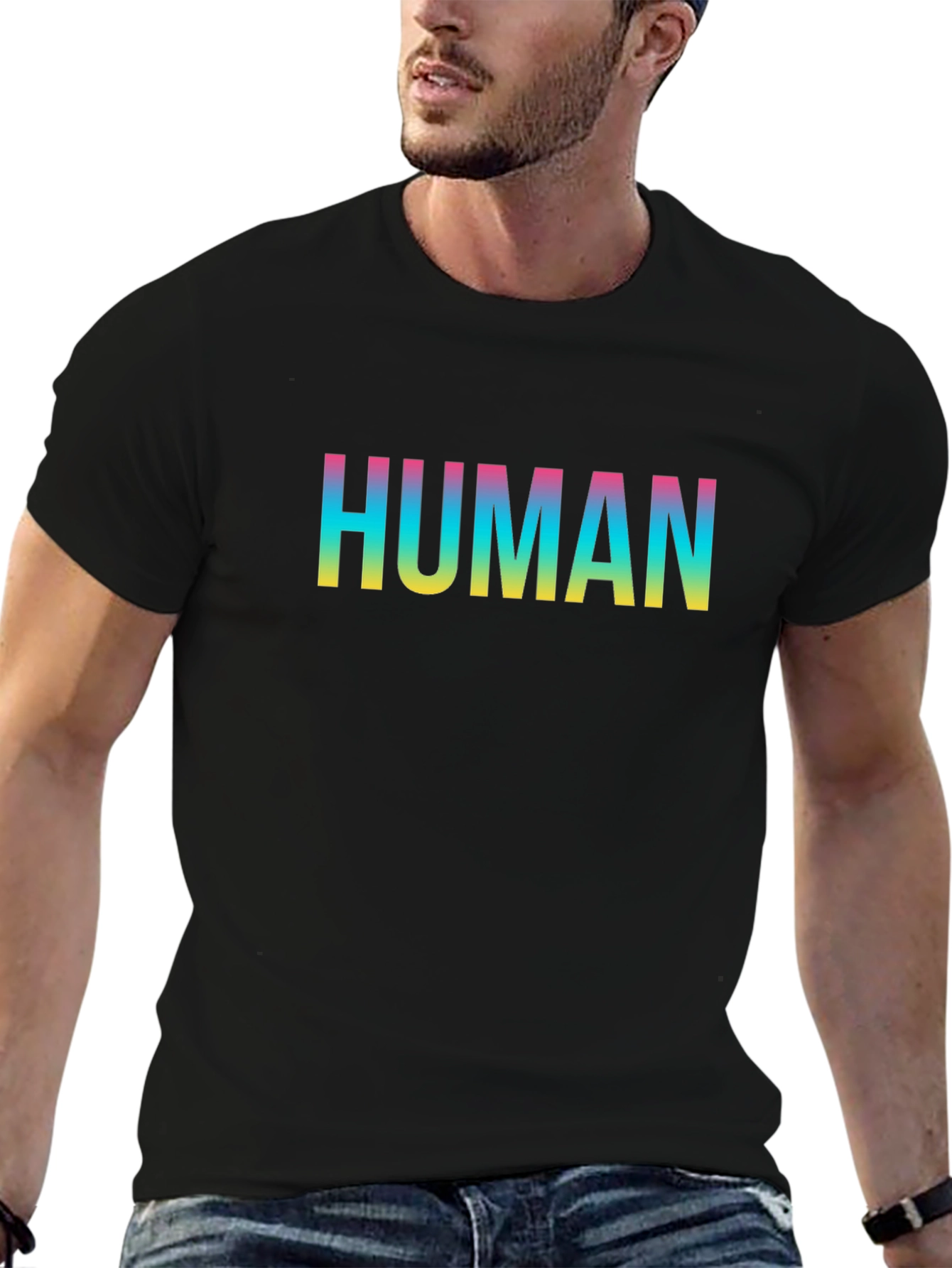 Human Rainbow Text Black T-Shirt