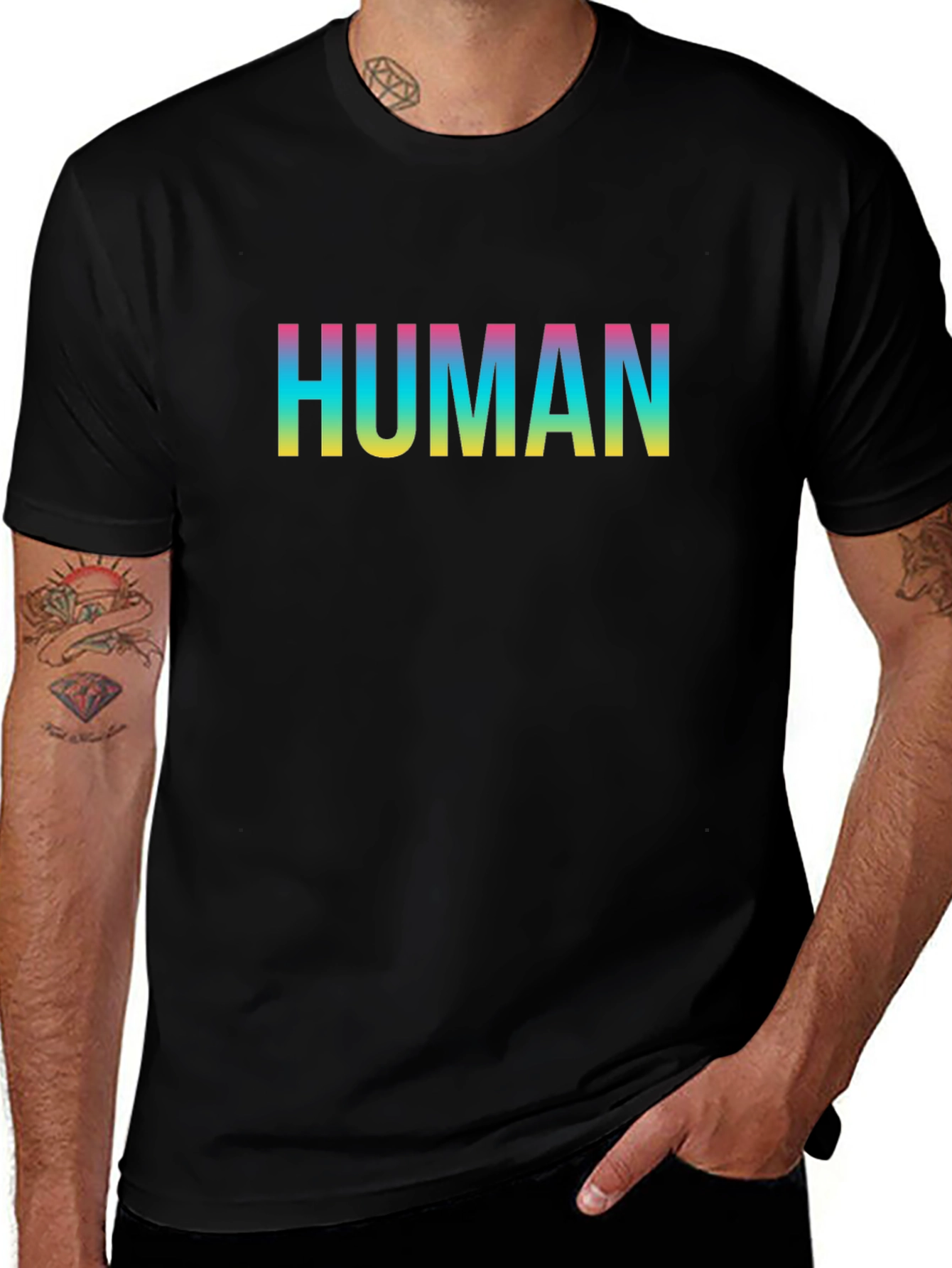 Human Rainbow Text Black T-Shirt