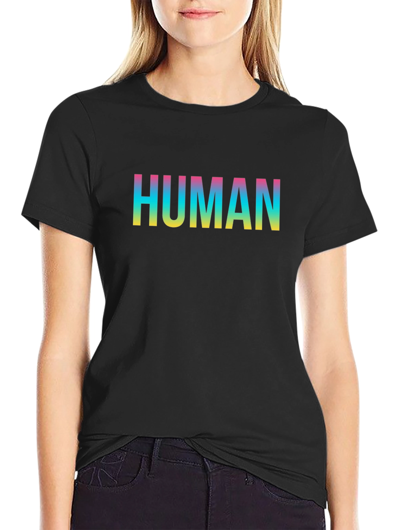Human Rainbow Text Black T-Shirt