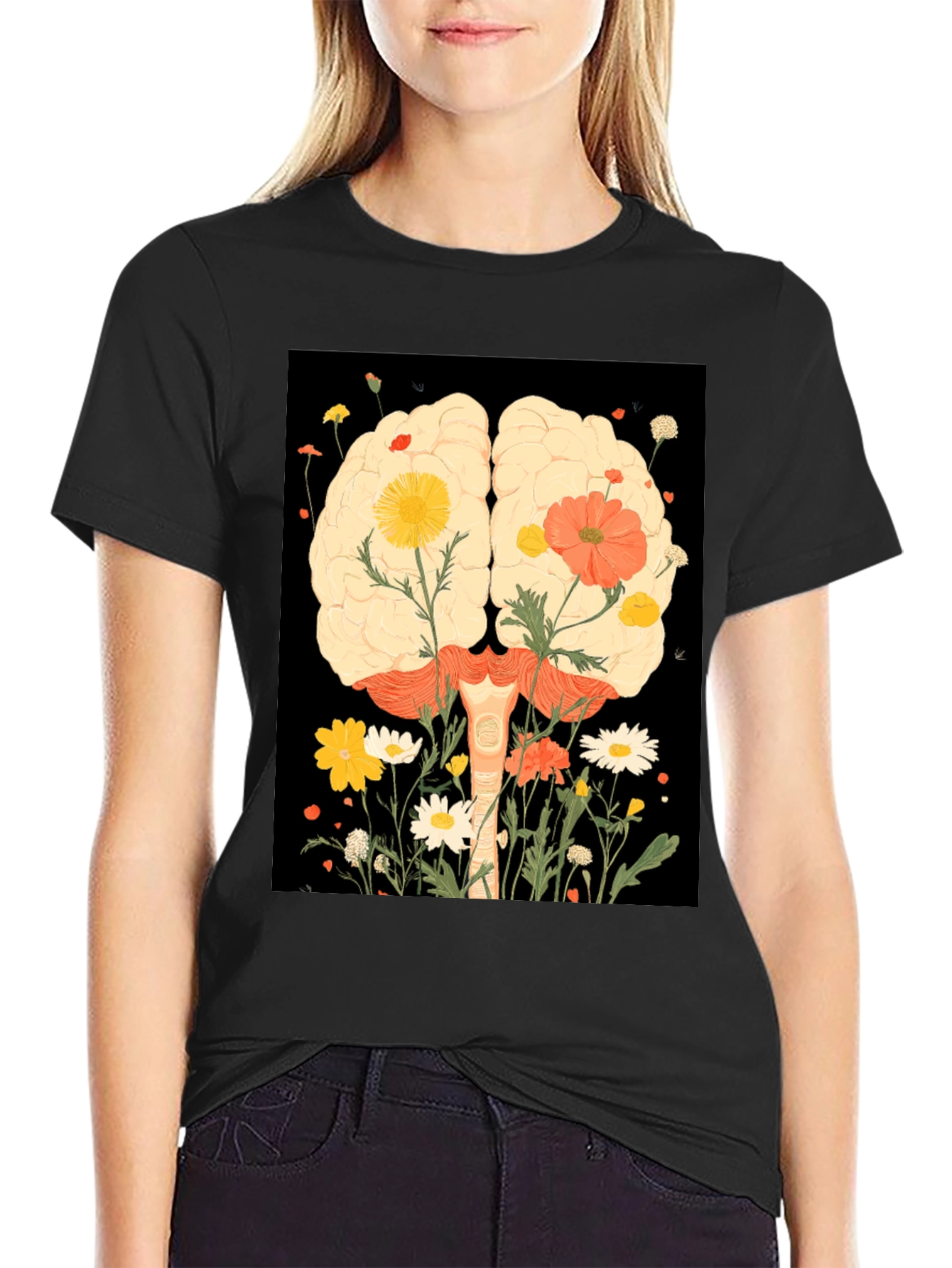 Brain and Flower Graphic Print T-Shirt
