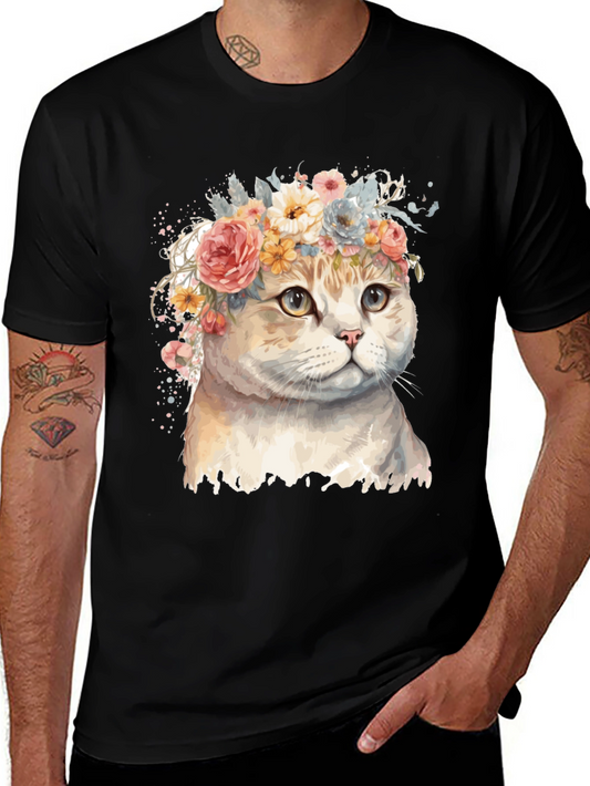 Floral Cat T-Shirt - Unique Watercolor Design