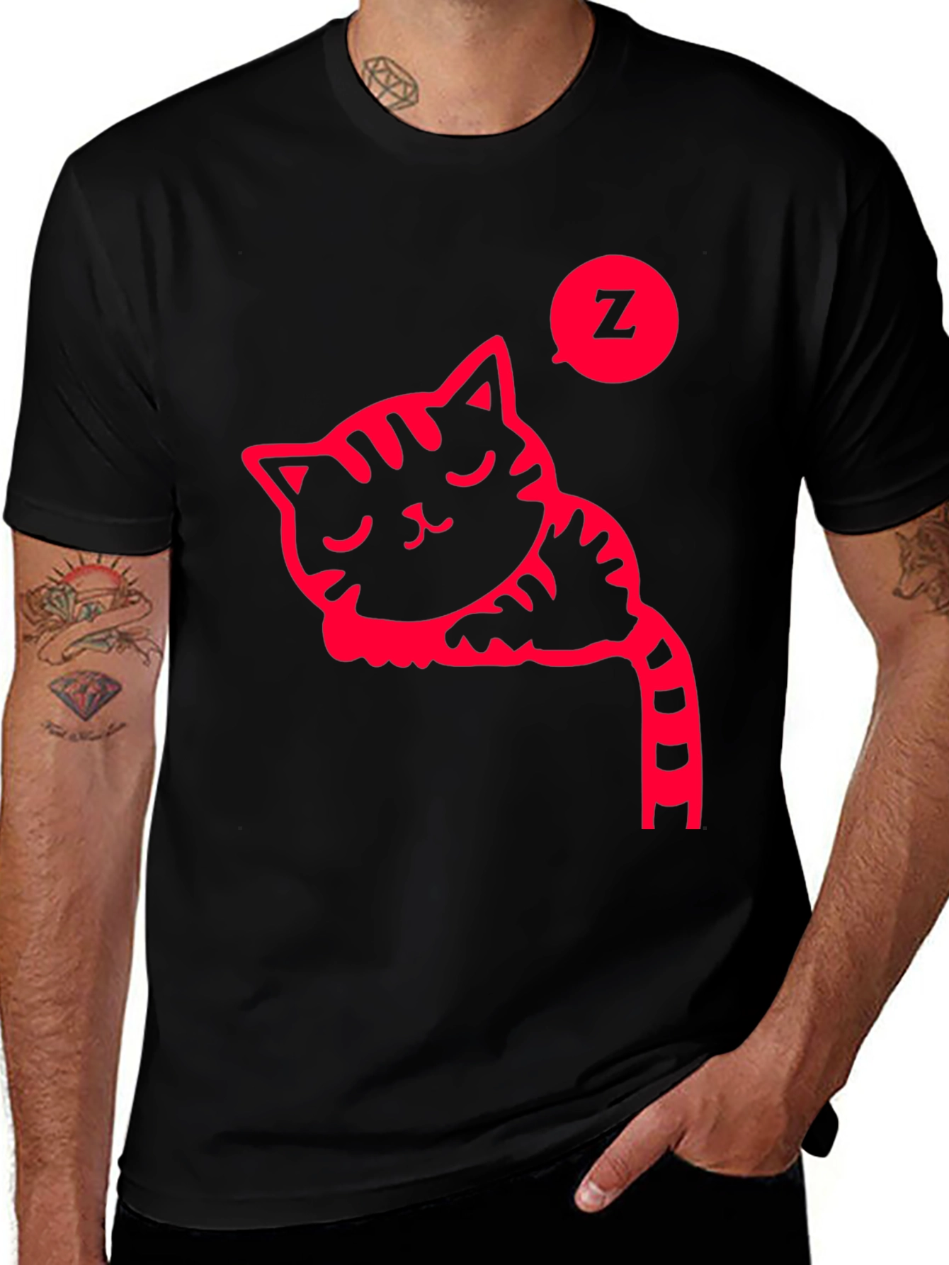 Sleeping Cat Graphic Tee - Black Cotton T-Shirt