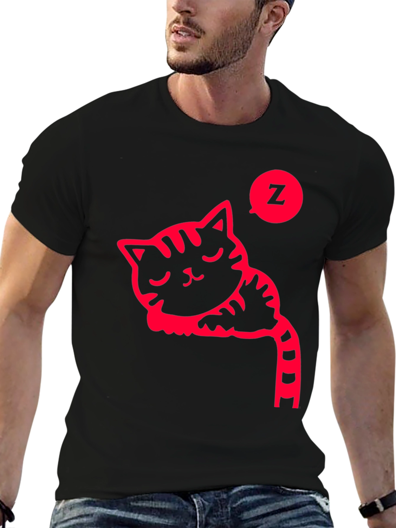 Sleeping Cat Graphic Tee - Black Cotton T-Shirt