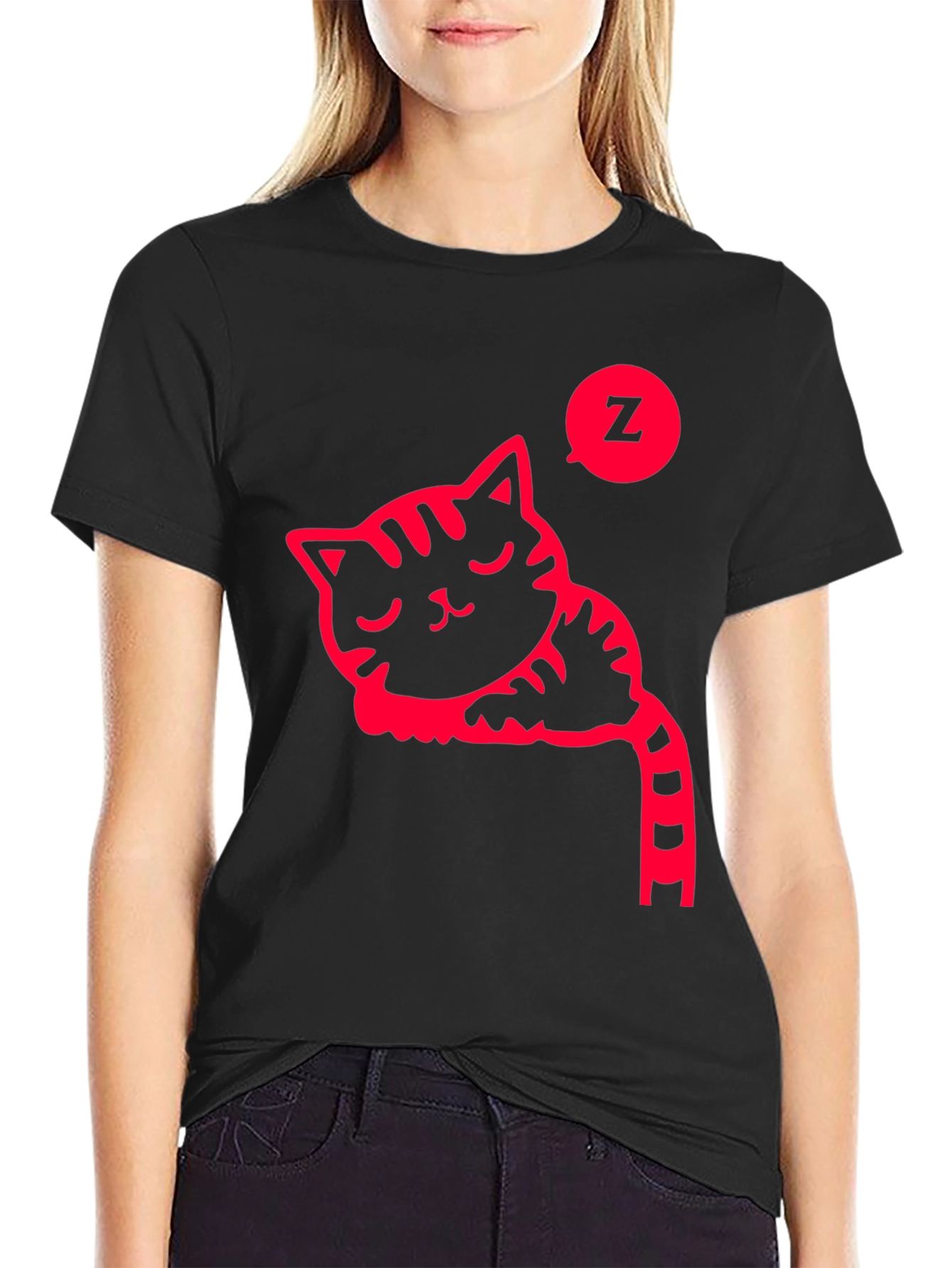 Sleeping Cat Graphic Tee - Black Cotton T-Shirt